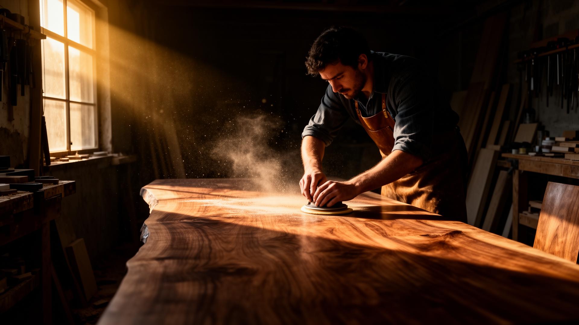 Master woodworker hand-sanding a live-edge walnut table in a Connecticut workshop